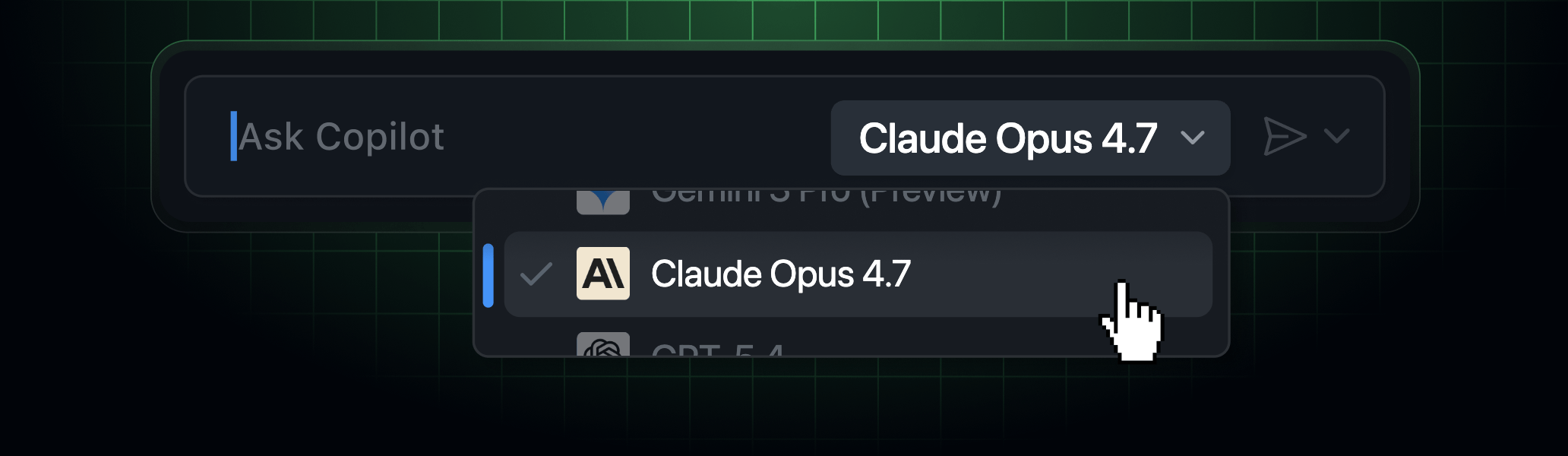 The Copilot model picker with a pull-down menu showing Claude Opus 4.7 selected
