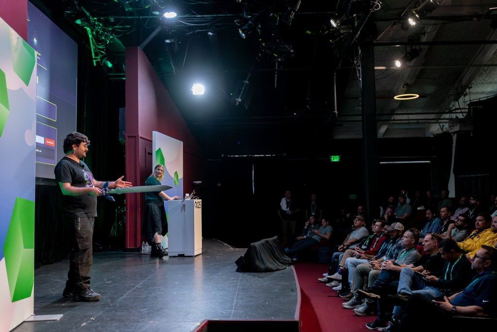 Matteo Bianchi (GitHub) and Alexandra Aldershaab (Eficode) on stage at GitHub Universe 2025