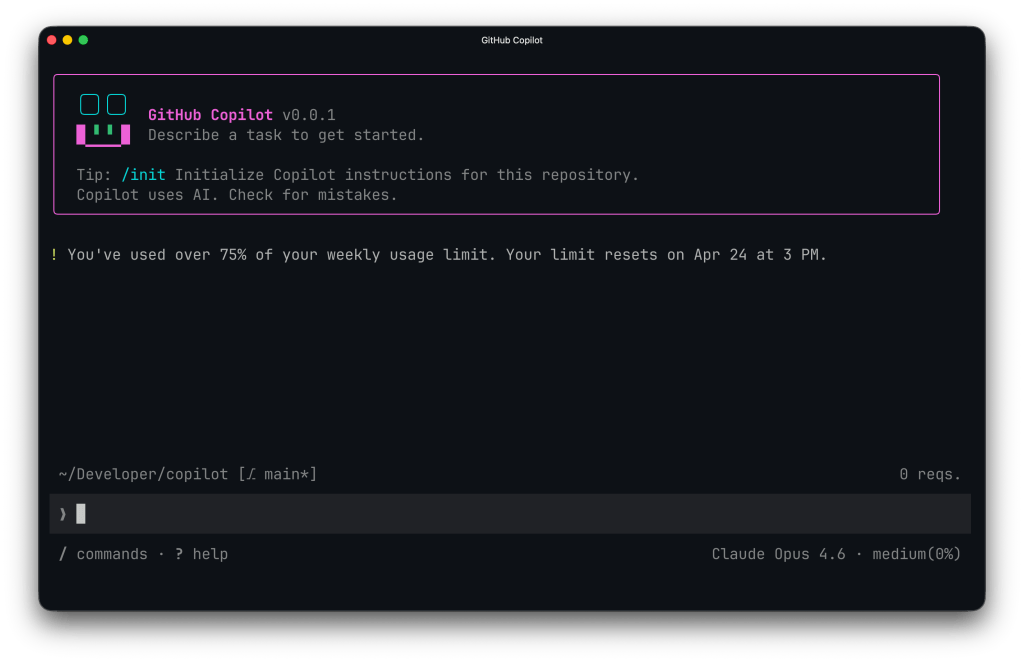 A screenshot of a usage limit being hit in GitHub Copilot CLI. A message appears that says '! You've used over 75% of your weekly usage limit. Your limit resets on Apr 24 at 3 PM.'