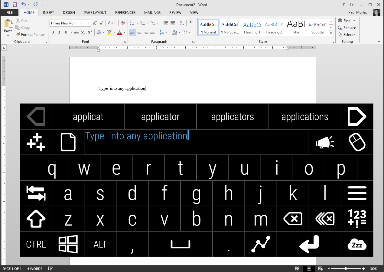 Optikey being used to type into Word