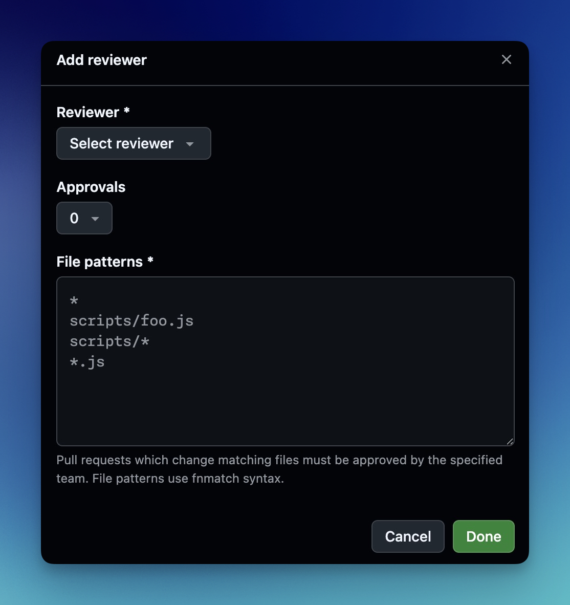 Screenshot of the required reviewer rule dialog with the Bakers team selected as reviewer, two required approvals, and file patterns set to match GitHub workflow and YAML files