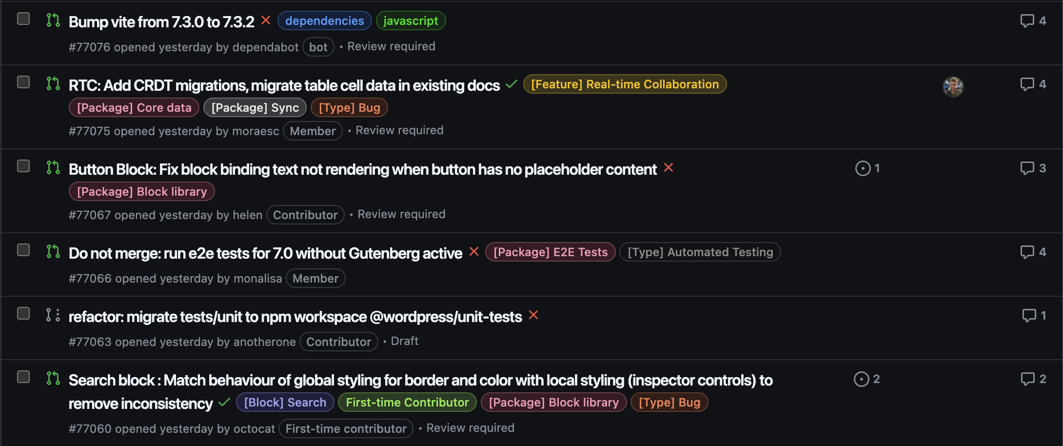 The pull request list view showing different repository role member labels