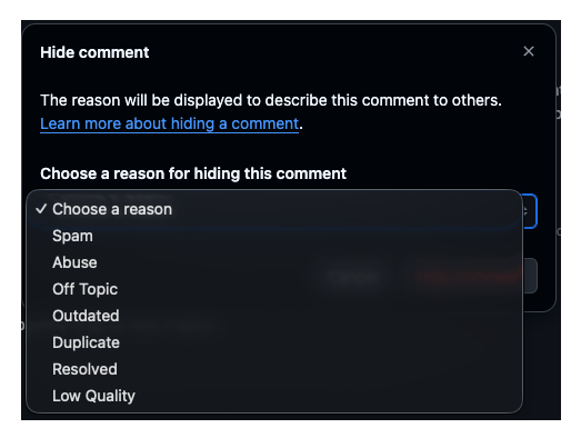 Screenshot showing the Hide comment dropdown menu with the new Low Quality option selected