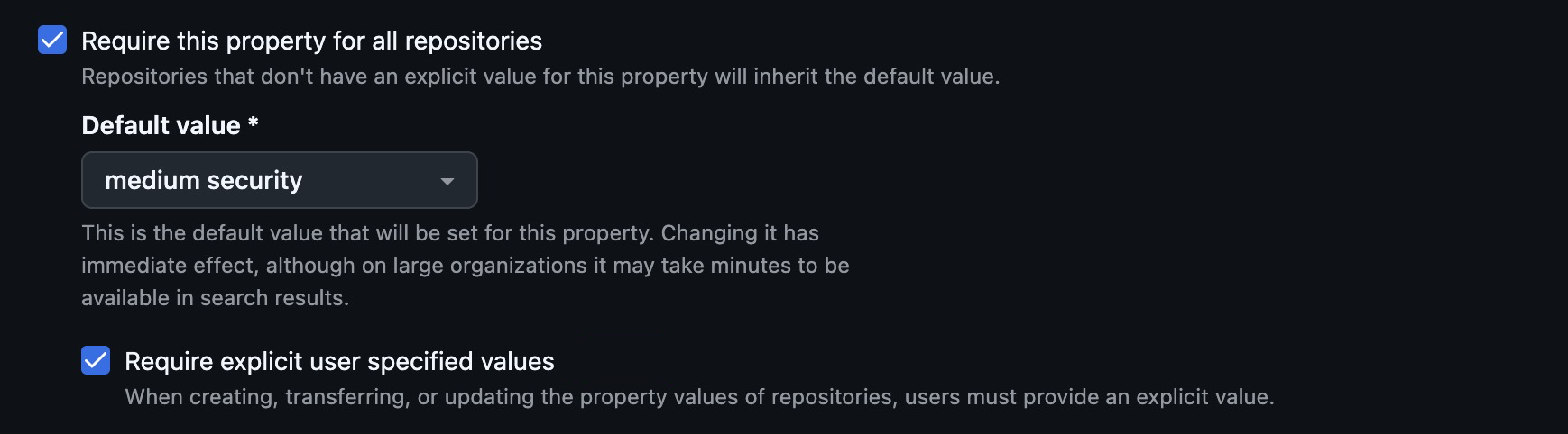 Screenshot of a custom property configuration with the "Require explicit user-specified values" option enabled