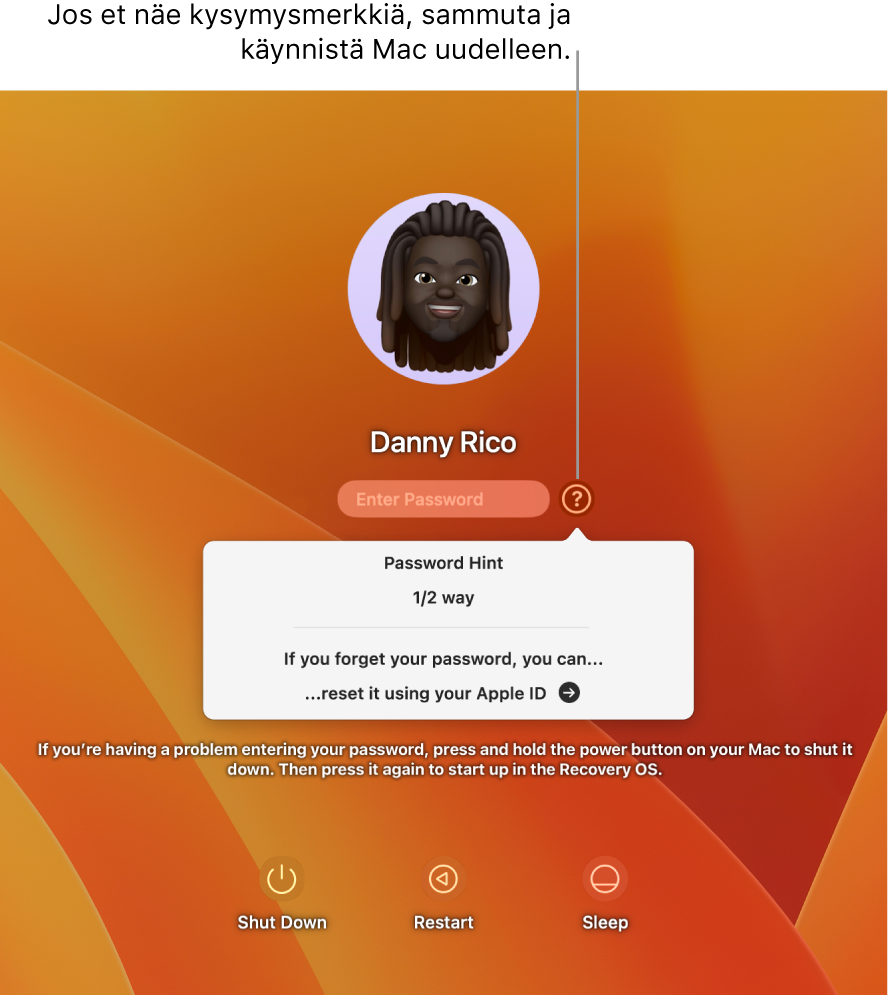 Macin sisäänkirjautumisnäyttö, jossa näkyvät salasanavihje ja ohjeet salasanan nollaamiseen.