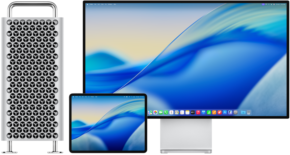 En Mac Pro og en iPad står ved siden af hinanden.