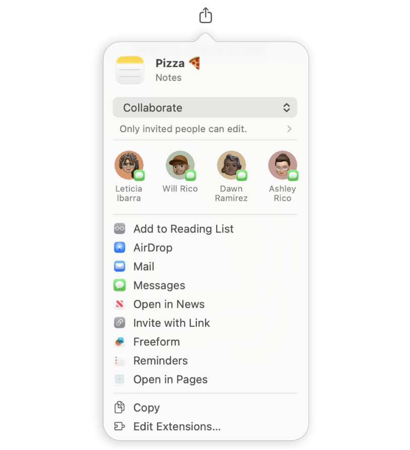 Mac पर नोट्स ऐप में शेयर मेनू का क्लोज़-अप। यूज़र पिज़्ज़ा नाम के नोट पर सहयोग करने के लिए किसी को चुन रहा है। परिवार और दोस्त सबसे ऊपर सुझाए गए प्राप्तकर्ताओं में दिखाई देते हैं। नीचे दिए गए शेयर करने संबंधी विभिन्न विकल्पों में, ऊपर से नीचे की ओर, पठन सूची में जोड़ें, AirDrop, मेल, संदेश, News में खोलें, लिंक से आमंत्रित करें, Freeform, रिमाइंडर, शॉर्टकट, Pages में खोलें शामिल हैं। इसमें नोट कॉपी करने या एक्सटेंशन संपादित करने का विकल्प भी है।