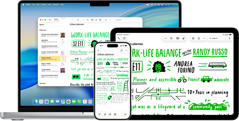 Mac, iPhone और iPad पर नोट्स ऐप में एक ही नोट। बाईं ओर, Mac पर नोट्स ऐप यूज़र के iCloud खाते में कई नोट्स फ़ोल्डरों के साथ नोट्स विंडो दिखाता है। यूज़र वर्तमान में शहरी प्लानर शीर्षक वाले नोट देख रहा है। दाईं ओर, एक ही नोट iPhone और iPad पर प्रदर्शित है। नोट में ड्रॉइंग हैं।