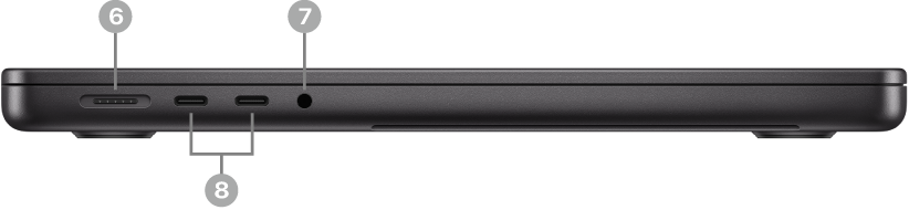 The left side of a MacBook Pro showing the MagSafe 3 port, two Thunderbolt (USB-C) ports, and 3.5 mm audio jack.