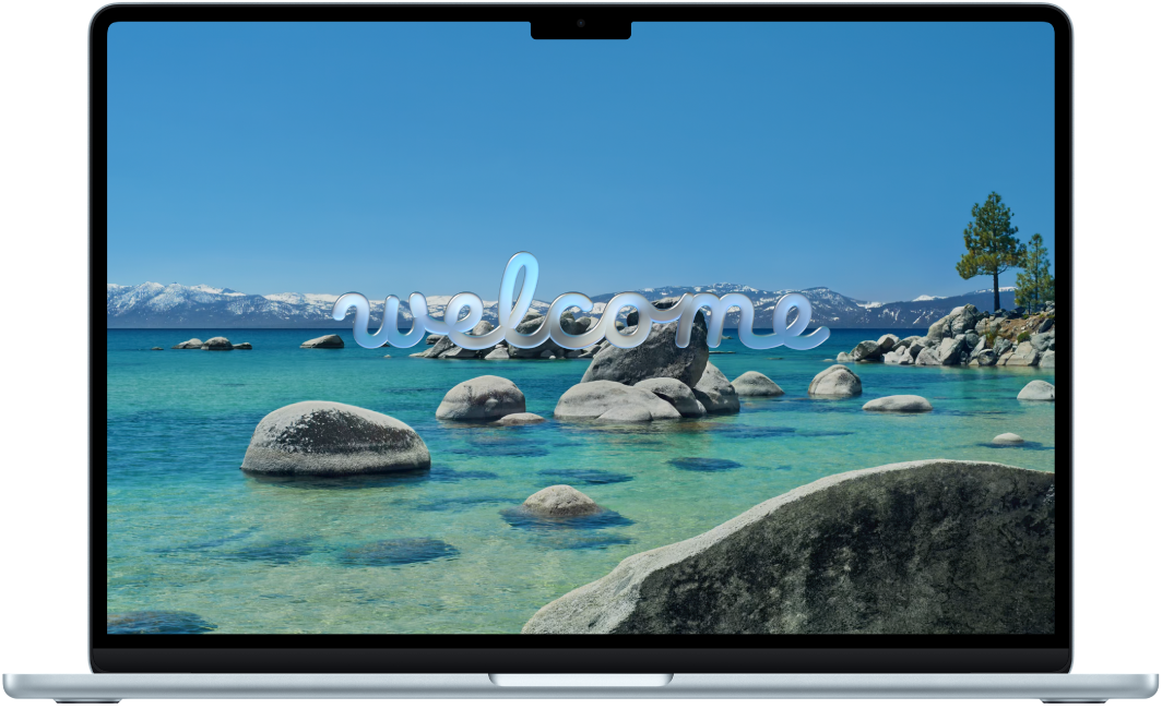 Ein geöffnetes MacBook Air. Auf dem Bildschirm wird das Wort „Willkommen” angezeigt.