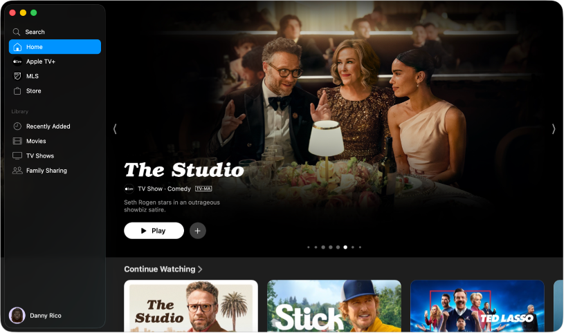 A TV app window showing the sidebar with different categories and the Home screen.