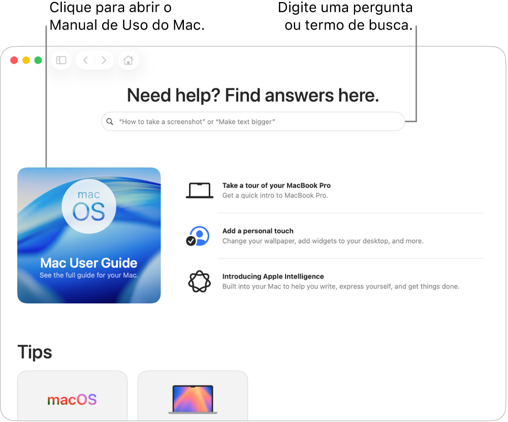 A página inicial do app Dicas, mostrando o Manual de Uso do Mac, o campo de busca e sugestões de tópicos.