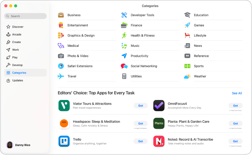 显示搜索栏和 App 类别的 App Store 窗口。