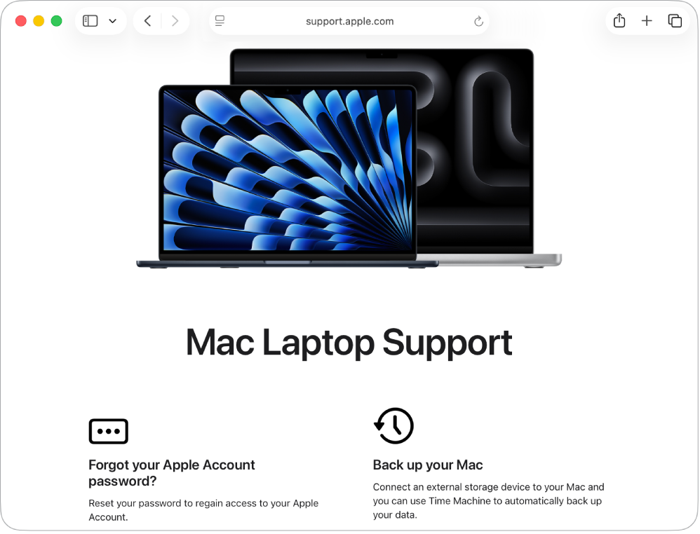 Safari 視窗並顯示「Mac 筆記型電腦支援」網站。