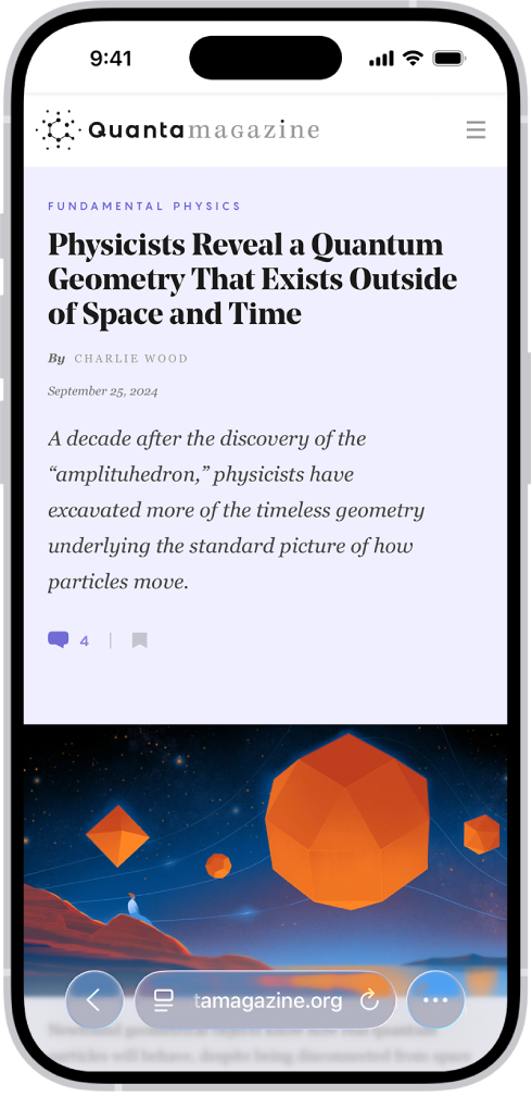 Ένας ιστότοπος ανοιχτός στο Safari, με τη συμπαγή διάταξη καρτελών. Στο κάτω μέρος, από αριστερά προς δεξιά, βρίσκονται το κουμπί «Πίσω», το κουμπί «Μενού σελίδας», το πεδίο αναζήτησης, το κουμπί «Επαναφόρτωση» και το κουμπί «Περισσότερα».