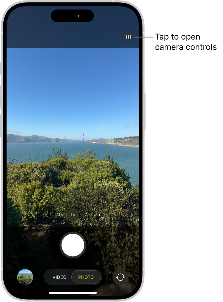 Camera is open in Photo mode. The Camera Controls button is in the top-right corner. The Photo and Video Viewer button is in the bottom-left corner. The Take Picture button is at the bottom center, and the Camera Chooser Back-Facing button is in the bottom-right corner.