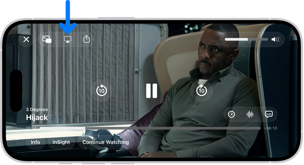 A movie playing on the iPhone screen. In the middle of the screen are the playback controls. The AirPlay button is near the top left.