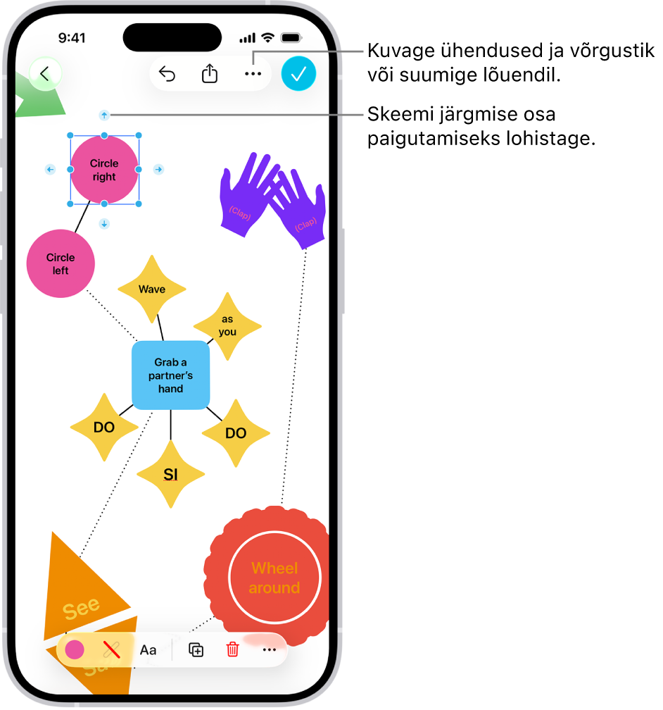 Freeformi tahvlil on ühendustega skeemil valitud kujund ning ekraani allosas on kujundi vormindamise tööriistad.