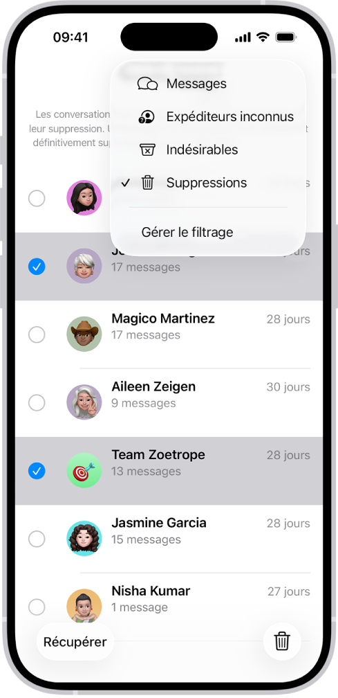 Une liste de messages supprimés récemment avec deux conversations sélectionnées et deux options disponibles en bas de l’écran : Récupérer et « Supprimer définitivement ».