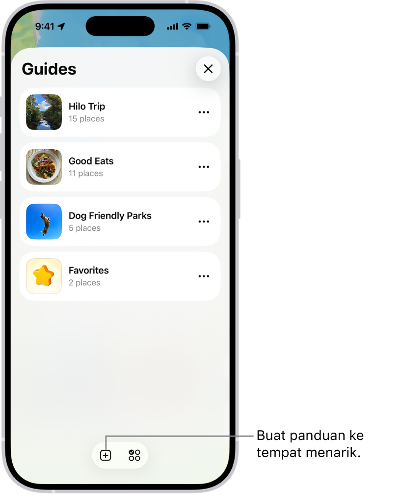 Daftar beberapa panduan khusus di Peta, termasuk kategori Favorit, dan tombol Panduan di kanan bawah.