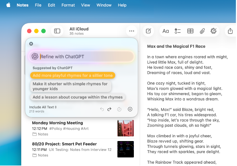 Okno aplikace Poznámky s příběhem vytvořeným pomocí psacích nástrojů a rozšíření Intelligence