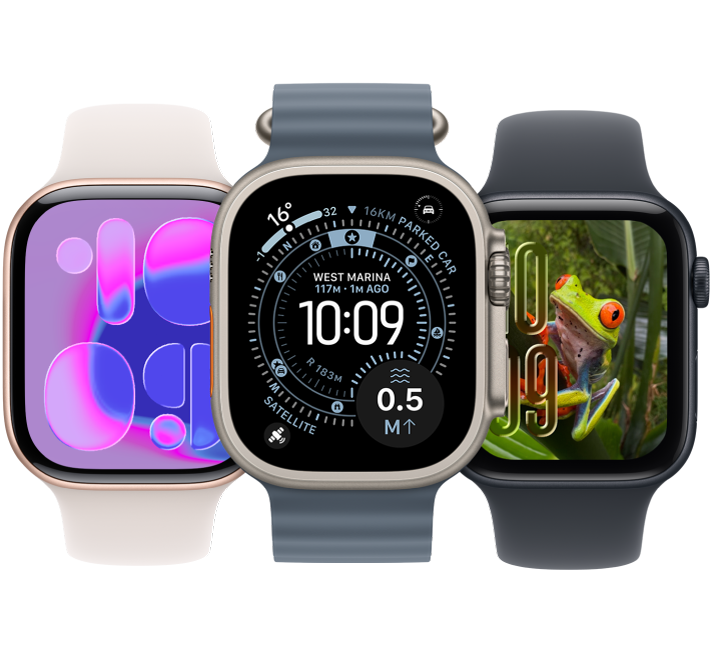 From left to right, an Apple Watch showing the Flow watch face, an Apple Watch Ultra showing the Waypoint watch face, and an Apple Watch showing the Photos watch face.