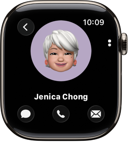 Lietotne Contacts, kurā parādīta kontaktpersona. Kontaktpersonas attēls parādās ekrāna vidū, un zem tā ir vārds, uzvārds. Zemāk ir redzamas pogas Phone, Messages un More Options. Augšējā kreisajā stūrī atrodas poga Back.