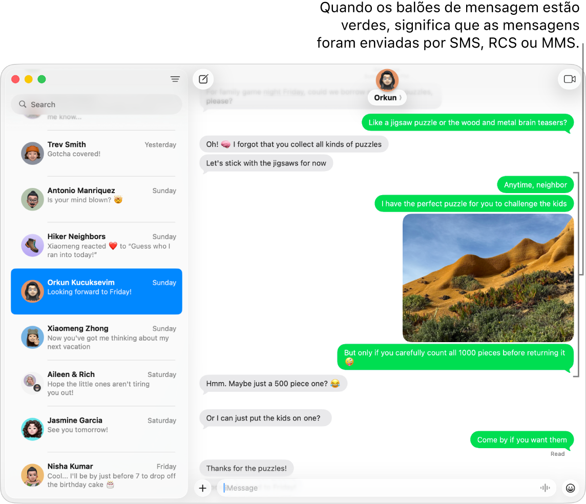 A janela da aplicação Mensagens com várias conversas listadas na barra lateral à esquerda e uma transcrição apresentada à direita. Os balões de mensagem são verdes, o que indica que foram enviadas como mensagens SMS, MMS ou RCS.