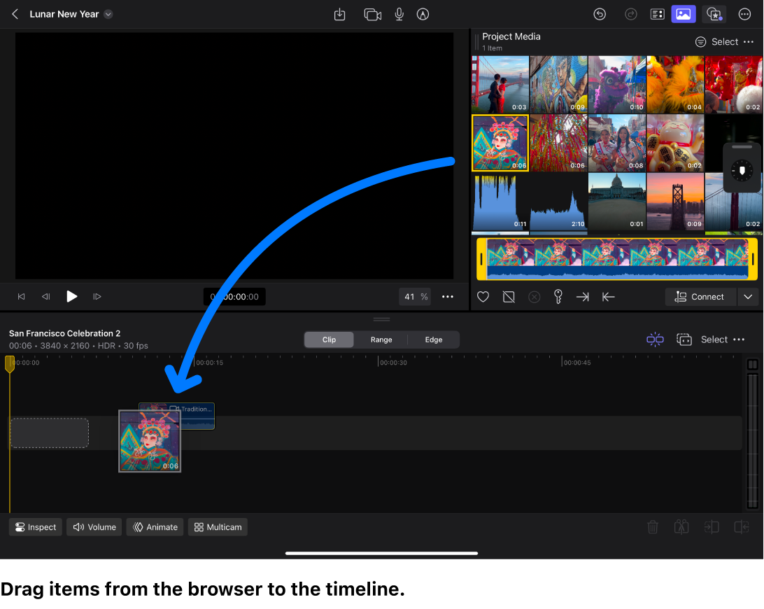The main workspace in Final Cut Pro for iPad, showing a clip thumbnail from the browser being dragged to the timeline.
