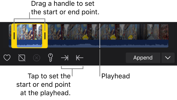 The filmstrip in the media browser, with yellow start and end point handles set to select a range in the selected clip.