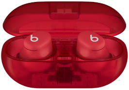 Beats Solo Buds and charging case in Transparent Red.