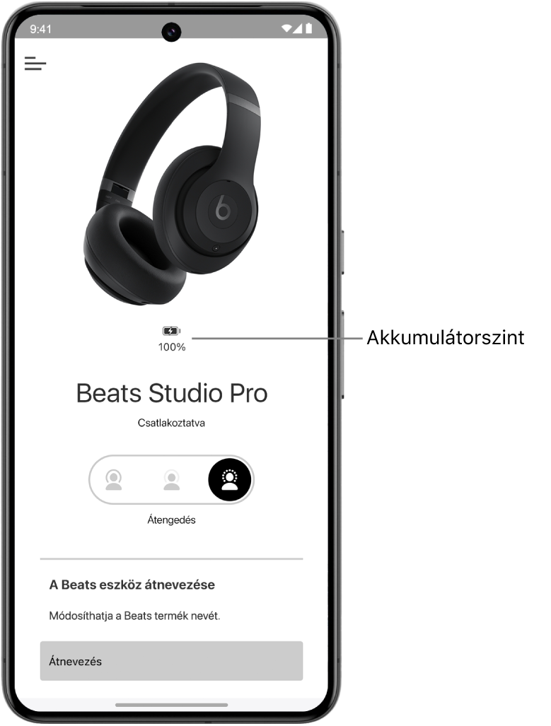 A Beats app eszközképernyője a csatlakoztatott Beats Solo 4 fejhallgatóval.