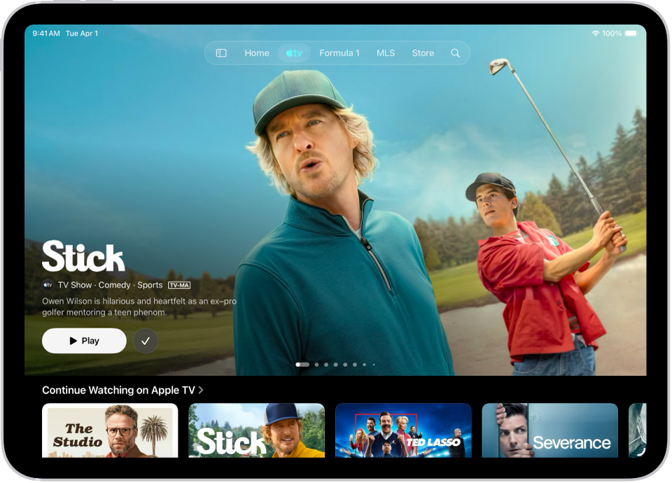 The Apple TV tab showing a featured Apple Original in the center, above the Continue Watching row. At the top of the screen, from left to right, are the Home, Apple TV, MLS, Store, Recent Purchases, and Search tabs.