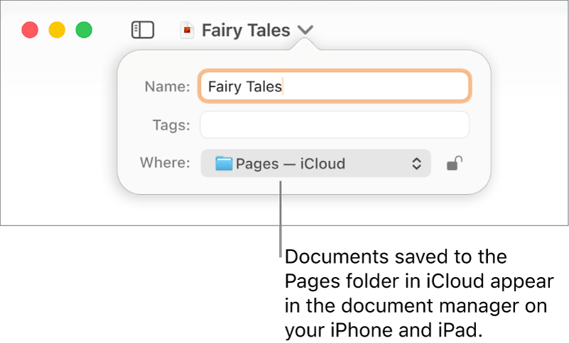 The Save dialogue for a document with Pages — iCloud in the Where pop-up menu.
