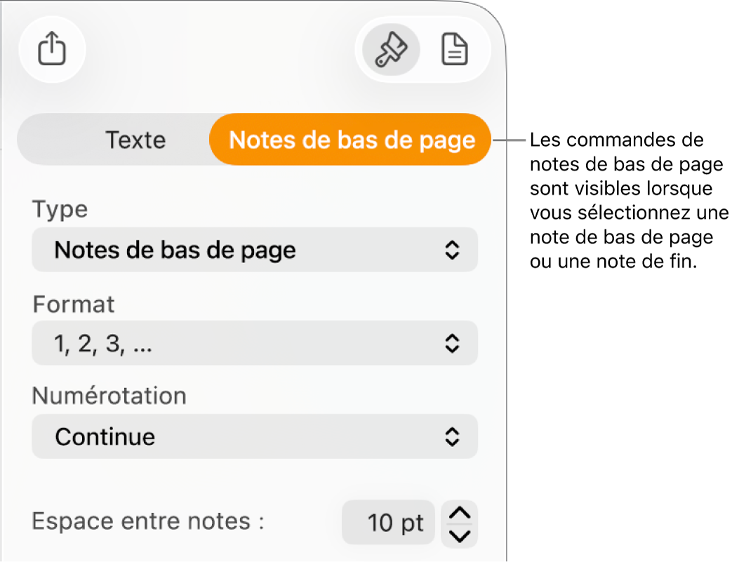Sous-fenêtre des notes de pied de page affichant les menus locaux Type, Format, Numérotation et Espace entre notes.