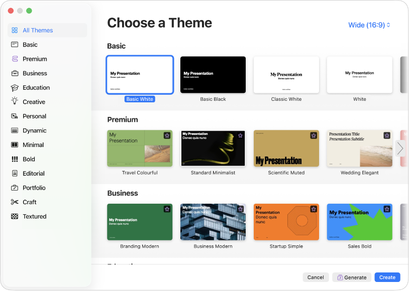 The theme chooser. A sidebar on the left lists theme categories you can click to filter options. On the right are thumbnails of pre-designed themes arranged in rows by category, starting with Basic at the top and followed by Dynamic, Minimal and Bold. The Cancel and Create buttons are in the bottom-right corner.