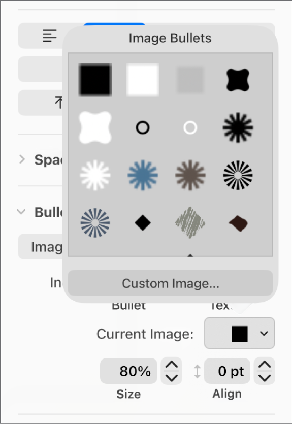 The Image Bullets pop-up menu.