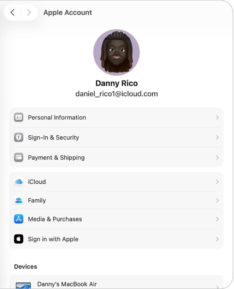Las opciones de configuración de la cuenta de Apple mostrando la foto de la cuenta de Apple en la parte superior.
