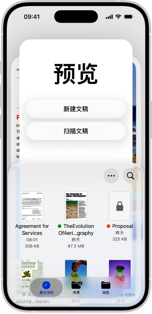 “预览” App 的主屏幕,显示 PDF 和图像。屏幕底部是“最近项目”、“共享”和“浏览”标签页。