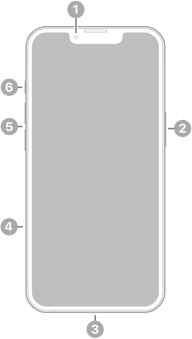 Η μπροστινή όψη του iPhone 17e. Η μπροστινή κάμερα βρίσκεται πάνω στο κέντρο. Το πλευρικό κουμπί βρίσκεται στη δεξιά πλευρά. Η υποδοχή USB-C βρίσκεται στο κάτω μέρος. Στην αριστερή πλευρά, από κάτω προς τα πάνω, βρίσκονται η υποδοχή SIM, τα κουμπιά έντασης ήχου και το κουμπί Ενέργειας.