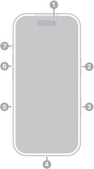 La vue de face de l’iPhone 17 Pro. La caméra avant se trouve en haut au centre. Le bouton latéral est situé sur le côté droit. Le connecteur USB-C se trouve en bas. Sur le côté gauche, de bas en haut, se trouvent le support pour carte SIM, les boutons de volume et le bouton Action.