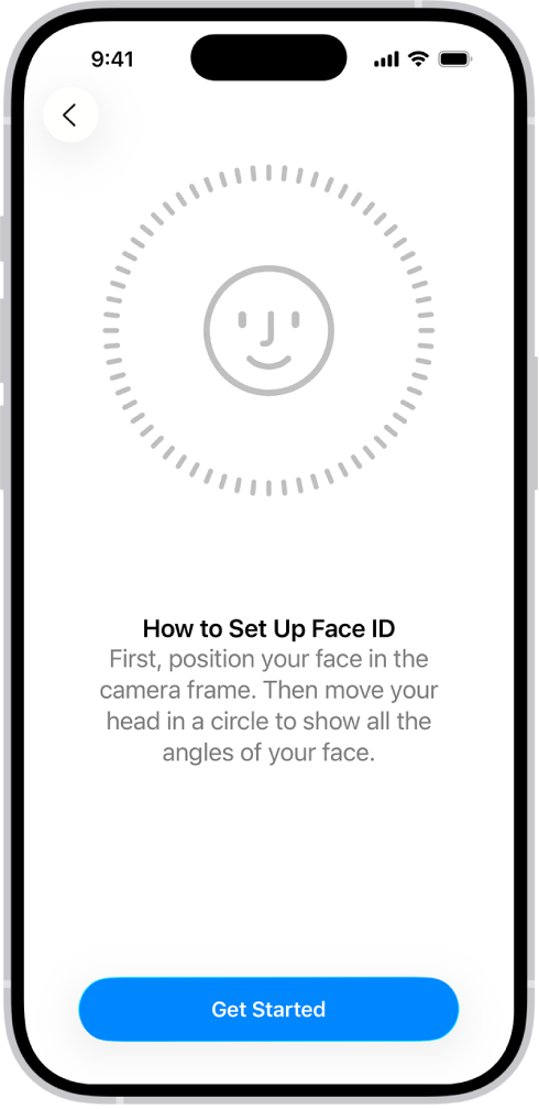 Face ID रेकग्निशन सेटअप स्क्रीन. वर्तुळात बंद केलेला हसरा चेहरा स्क्रीनवर दाखवण्यात आला आहे. खाली असलेले टेक्स्ट यूझरला वर्तुळ पूर्ण करण्यासाठी त्यांचे डोके हळूवारपणे मूव्ह करण्याचे निर्देश देतो. ’सुरुवात करा’ साठीचे बटण स्क्रीनच्या तळाशी दिसते.