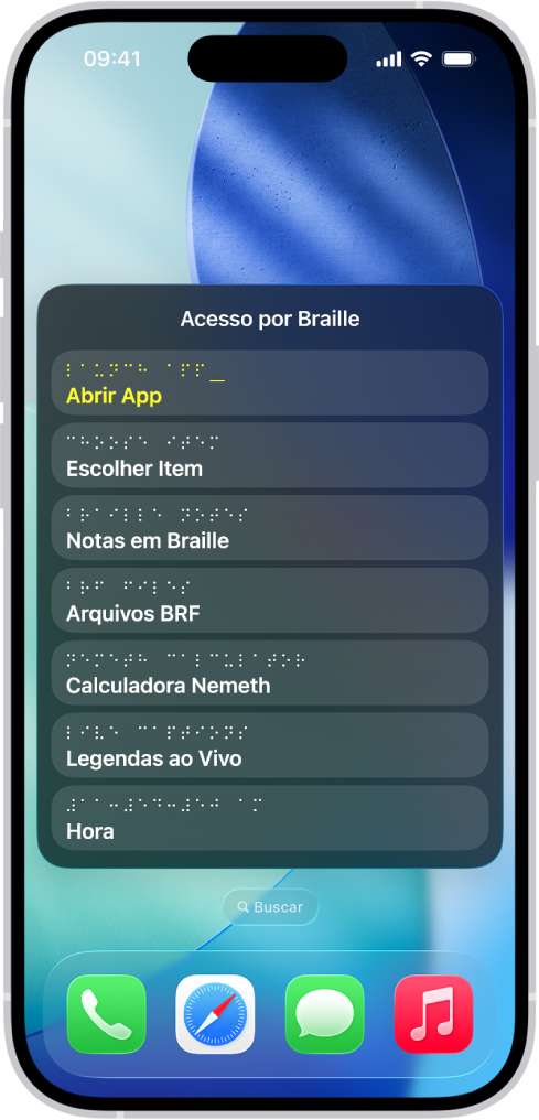 iPhone com o menu Acesso por Braille aberto e mostrando as seguintes opções: Abrir App, Escolher Item, Notas em Braille, Arquivos BRF, Calculadora Nemeth, Legendas ao Vivo e Hora.