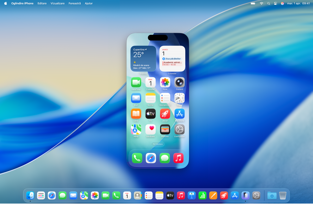 Aplicația Oglindire iPhone apare pe desktopul unui computer Mac.