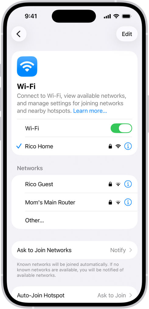 「設定」中的 Wi-Fi 選項畫面。開啟 Wi-Fi，並選擇網絡。