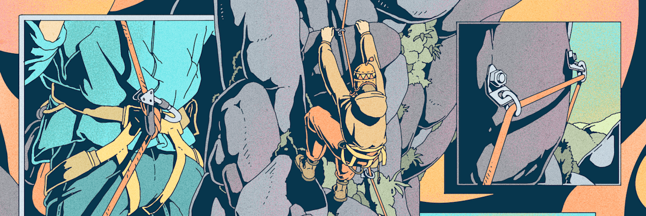 Cartoon rock climber using proper security techniques while climbing a rock wall