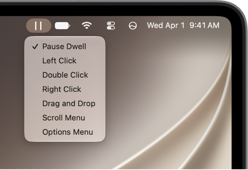 The Dwell status menu whose menu items include, from top to bottom, Pause Dwell, Left Click, Double Click, Right Click, Drag and Drop, Scroll Menu, and Options Menu.
