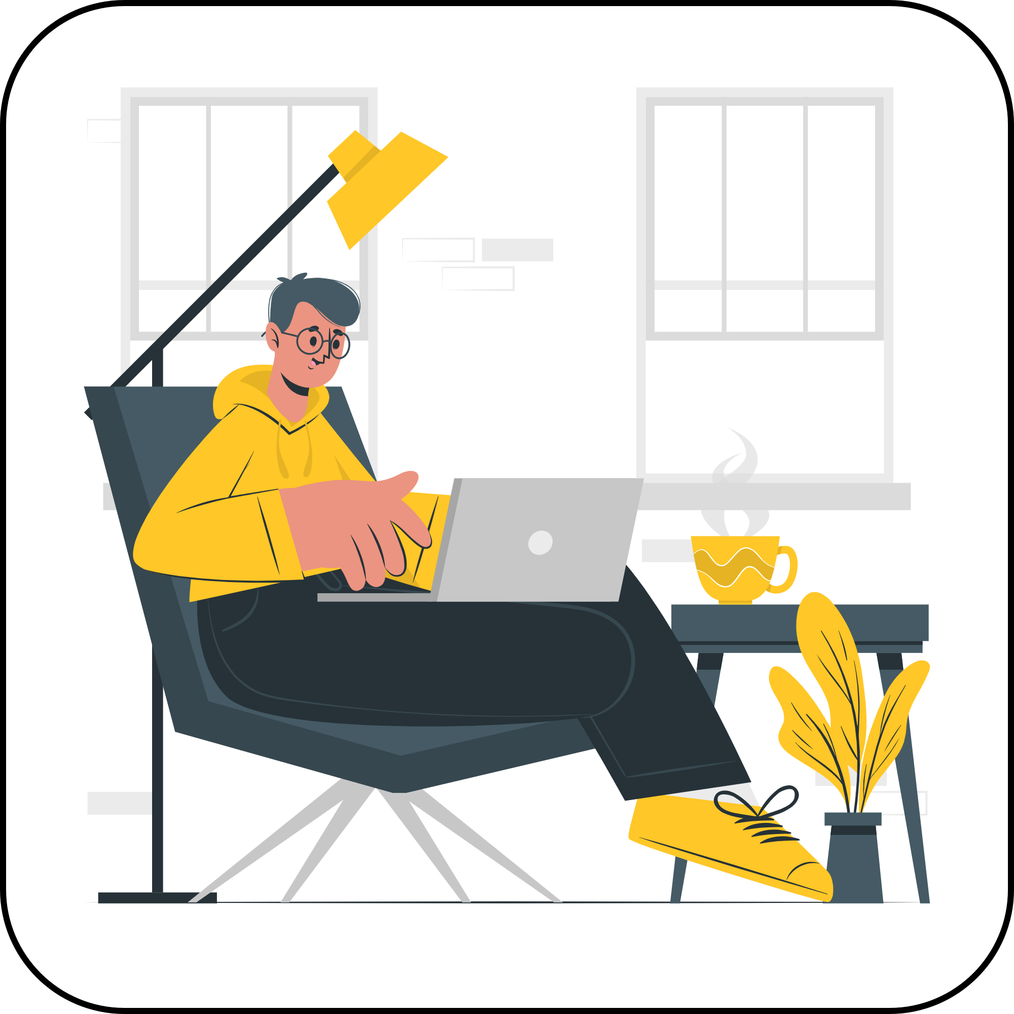 A younger man seated in a comfortable living room chair under a lamp. He has his laptop open on his lap and has a cup of tea or coffee on a little table next to him. 