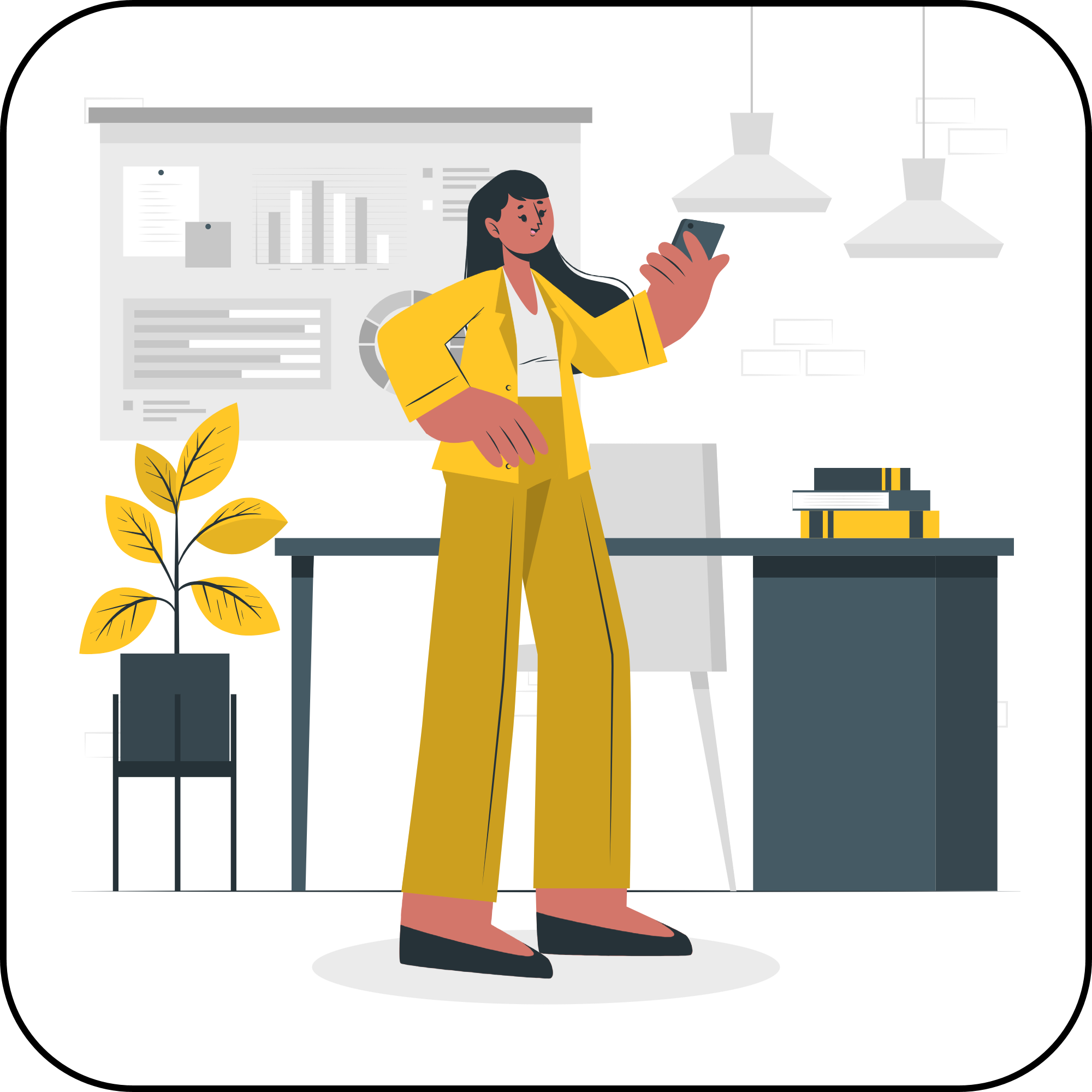 An image of a cartoon woman, standing in front of a desk, a plant, and a presentation. She is holding a cell phone. 
