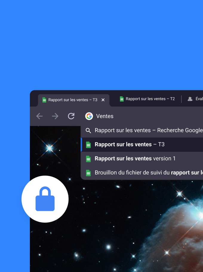Google Chrome browser window displaying search results for sales reports, including Q3 and Version 1.